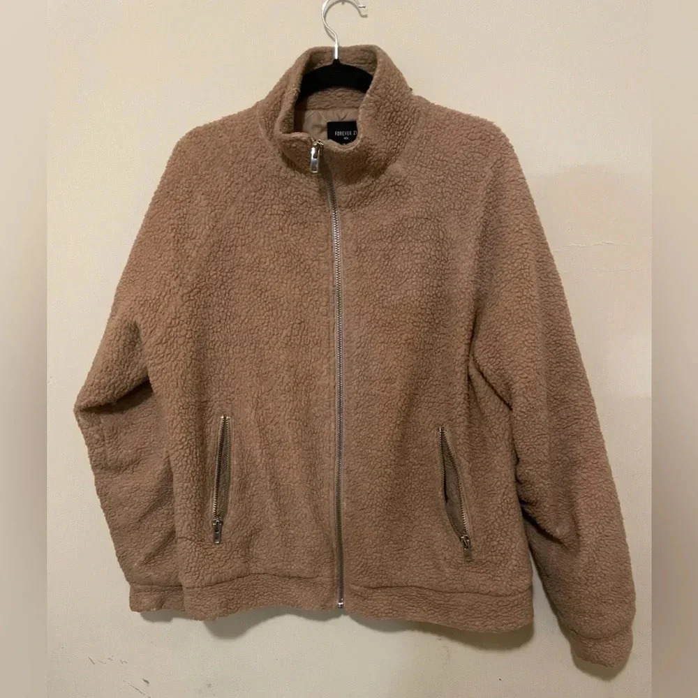 Sz L Men forever21 FOREVER 21 Fleece Zip Up Coat Jacket Men's Large Camel Tan - Picture 3 of 5